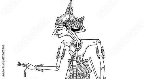 Traditional Indonesian Wayang Kulit Shadow Puppet Character, Detailed Line Art