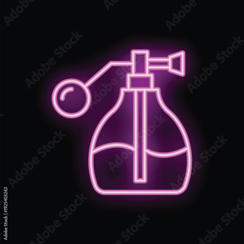 Neon sign of a perfume bottle glowing on a black background