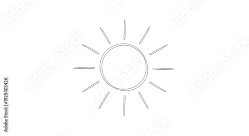 Simple Hand Drawn Sun Icon with Rays on White Background, Minimalist Line Art Symbol