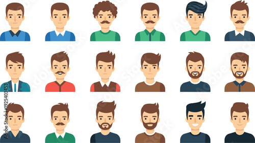 Male Avatar Faces Vector Set with Different Hairstyles and Beard Styles Isolated Flat Character Portrait Collection