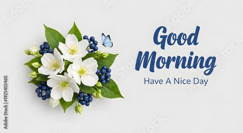 Good morning greeting with floral arrangement and butterfly on gray background