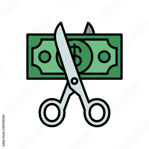 A pair of scissors cutting through a green dollar bill