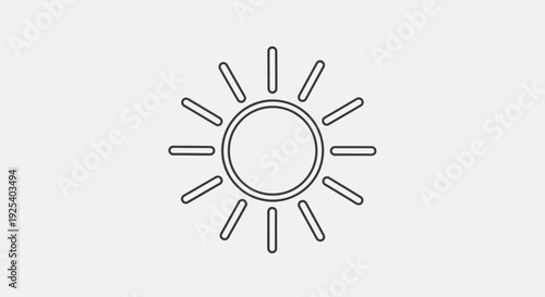 Simple Line Art Icon of a Bright Sun with Rays on a Light Gray Background