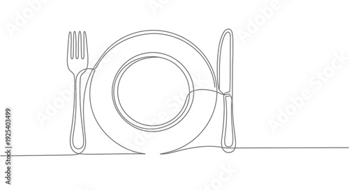 Minimalist single line drawing of a plate with fork and knife, representing dining and food.