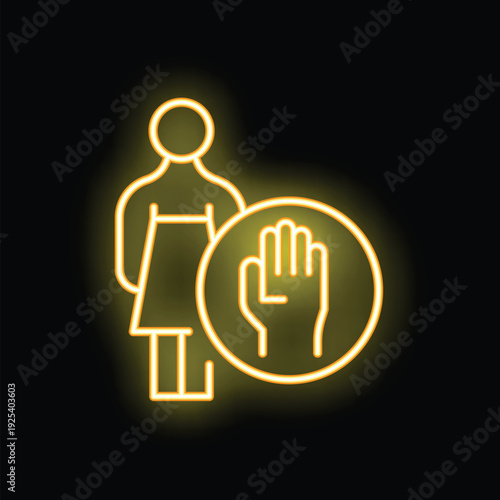 Neon sign showing a woman standing with a stop hand gesture in a circle on a black background