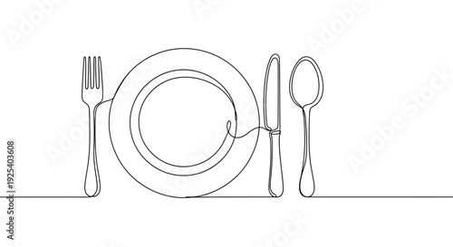 Minimalist single line drawing of a plate, fork, knife, and spoon set for dining.
