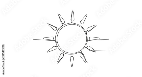 Minimalist single line drawing of a radiant sun with sharp rays, isolated on white background.