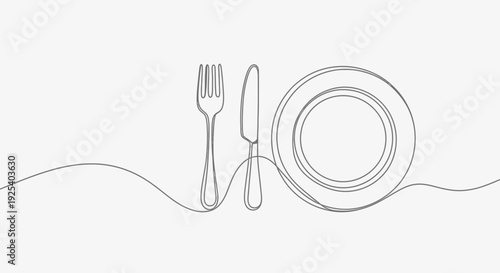 Minimalist single line drawing of plate, fork and knife, representing dining and food.