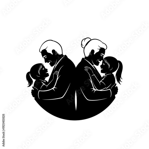 Silhouette of grandparents embracing grandchildren, representing family love and connection.