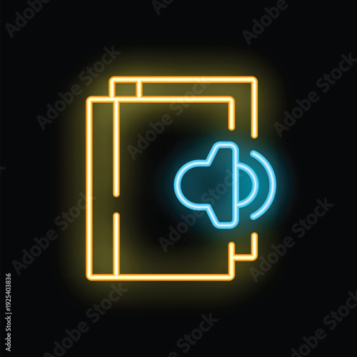 Bright neon audiobook icon glowing on dark background, concept of digital reading and online education