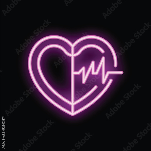Neon heart is glowing with an ekg heartbeat line running through it