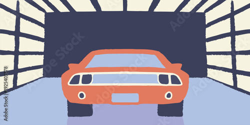Stylized illustration of a vintage car driving through an abstract perspective tunnel art