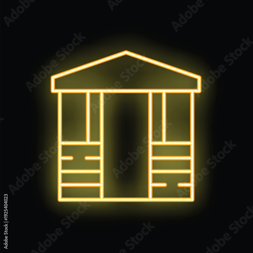 Bright yellow neon icon of a small wooden garden shed glowing against a dark background