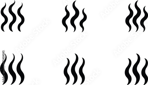 Minimalist steam icons set, black wavy smoke lines on white background, hot vapor and heat aroma symbols, 6 vector elements
