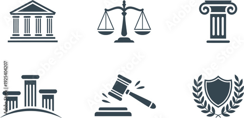 Law and justice icons including courthouse, scales, columns, gavel, and shield