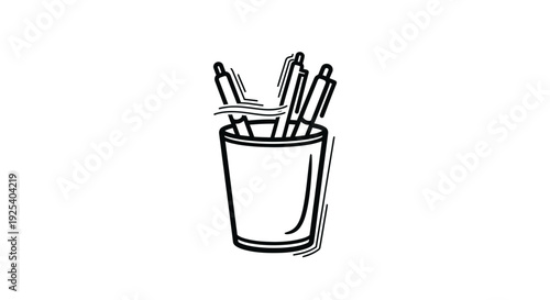 Hand-drawn illustration of pens in a cup, simple sketch, office supplies, creative tools