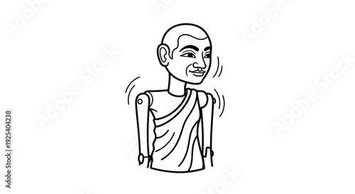 Hand-drawn Monk Puppet Character, Traditional Asian Monk, Religious Figure, Simple Line Art