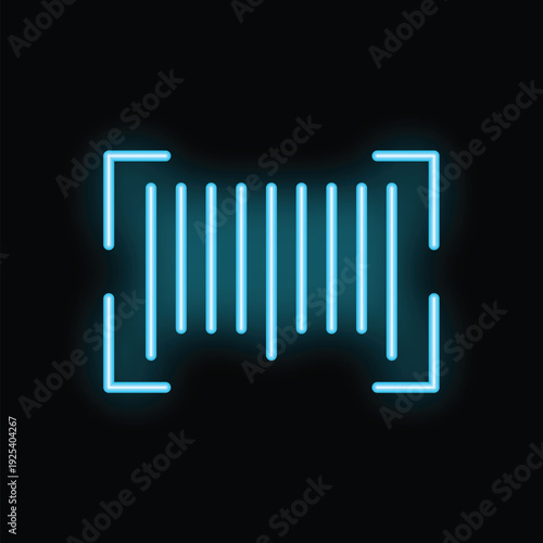 Blue neon barcode being scanned by a scanner in a store at night