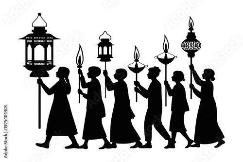 People Carrying Traditional Lanterns in Procession Silhouette Icon Set. Cultural Festival, Religious Ceremony, Celebration Parade and More. Vector Illustration. Editable Stroke.
