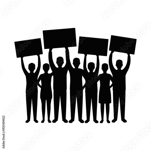 Protest Crowd Holding Blank Banners Silhouette Icon Set. Demonstration, Rally, Activism, Strike, Public Protest and More. Vector Illustration. Editable Stroke.