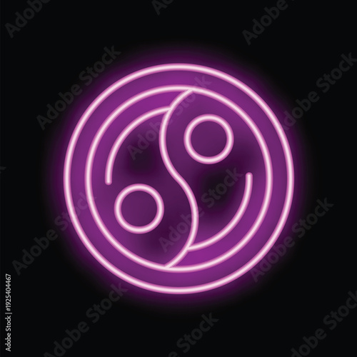 Glowing pink neon sign of the taoist yin yang symbol, representing the interconnectedness of opposites
