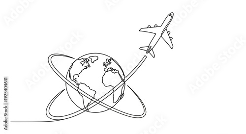 Airplane Flying Around Globe, Continuous Line Drawing, Travel Concept