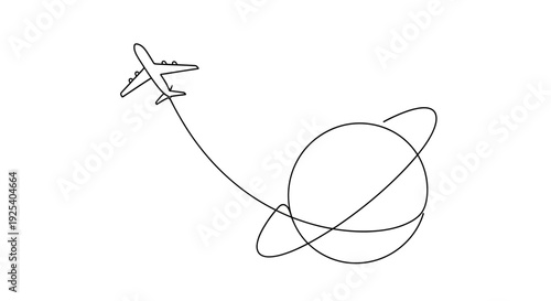 Airplane Flying Around Planet Earth with Orbit Rings, Minimalist Line Art
