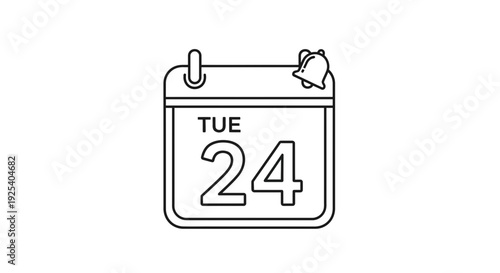 Calendar Icon with Bell Notification Symbol, Tuesday 24th, Reminder Alert