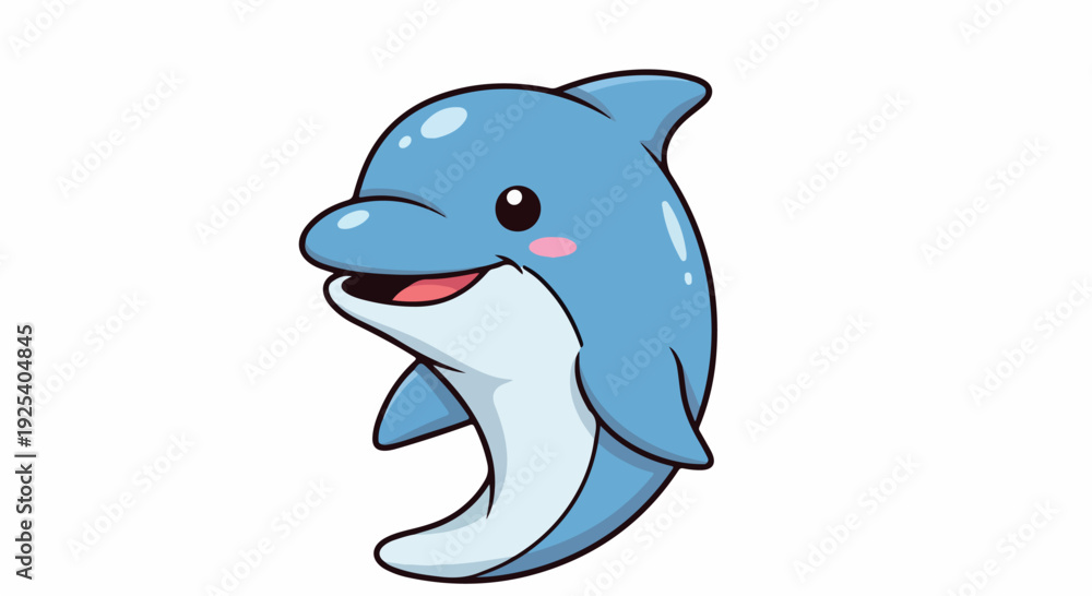 Naklejka premium A cartoon dolphin with a cheerful expression swimming against a clean white background with blue and white colors.