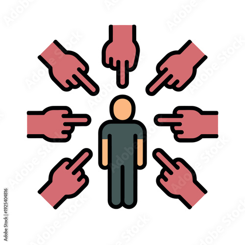 A cartoon man being pointed at by multiple hands