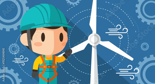Cartoon Engineer Standing Next to Wind Turbine.
