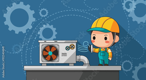 Cartoon Technician Inspecting Air Conditioning Unit.