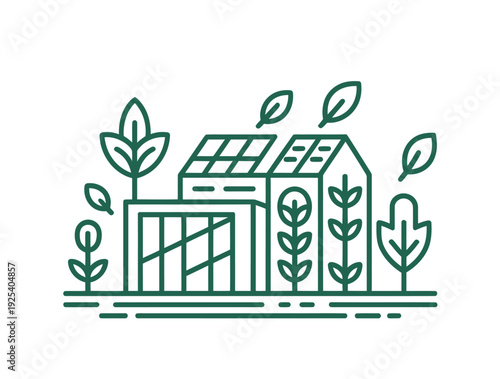 A green line drawing of a sustainable farm with solar panels