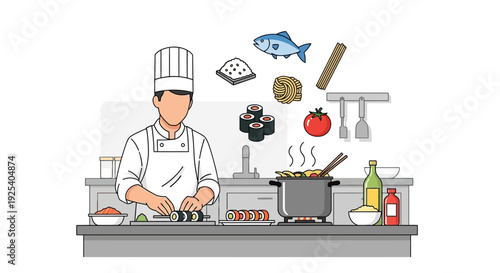 Chef Cooking in a Commercial Kitchen.