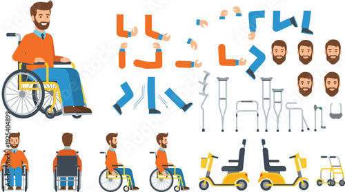 Disabled Man Mobility Vector Set with Wheelchair User, Crutches and Assistive Devices Isolated Accessibility Collection