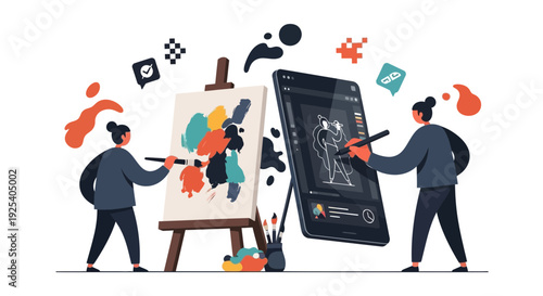 Digital Artists Creating Art on Phone Screen.