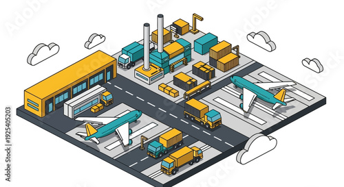 Industrial Factory with Trucks and Machinery.