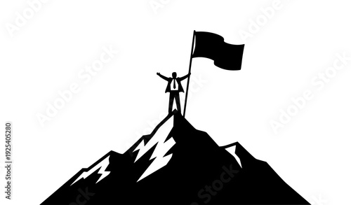 Conquering Heights: A silhouette of a determined individual stands atop a majestic mountain, triumphantly waving a flag to symbolize victory and accomplishment.