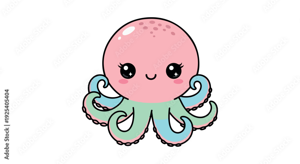 Fototapeta premium A cartoon octopus with pink head, green tentacles and a cheerful expression on a white background with a cute and playful mood.