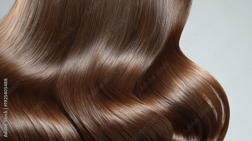 Fototapeta premium Luxurious silky brown hair with smooth wavy locks on a light gray background