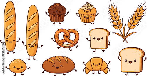 Cute Bread and Bakery Characters Vector Set with Baguette, Pretzel and Pastry Isolated Cartoon Food Collection