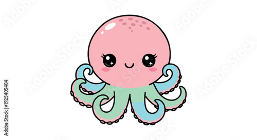 A cartoon octopus with pink head, green tentacles and a cheerful expression on a white background with a cute and playful mood.