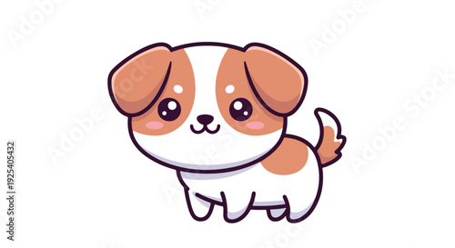 Cartoon illustration of a cute white and brown puppy with big eyes standing against a clean white background.