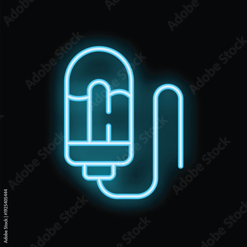 Neon blue icon of an iv intravenous saline drip glowing on black background