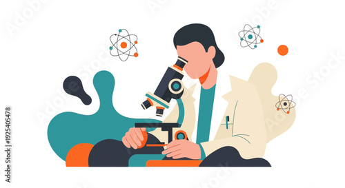 Scientist Examining Specimen Through Microscope Illustration.