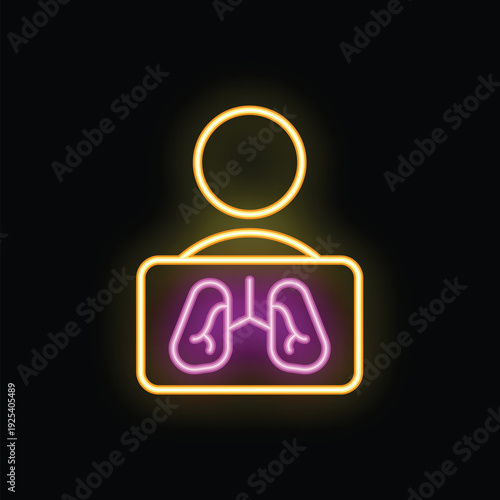Neon sign showing patient with lung radiography on black background