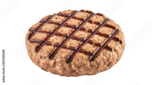 Juicy grilled beef burger patty with dark char marks and rich texture isolated on transparent background