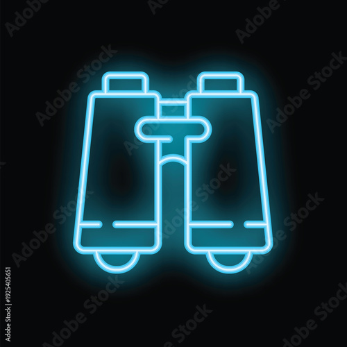 Glowing neon blue binoculars icon sign on a black background representing concepts such as searching and discovery