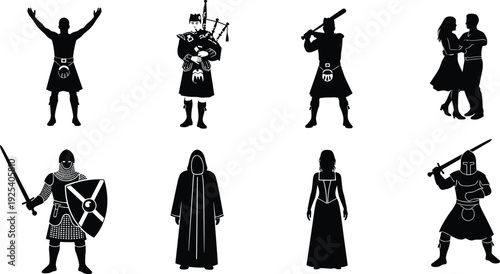Scottish and medieval character silhouettes set with bagpiper warrior knight dancer and traditional clothing illustration