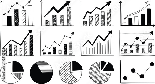 Black and white hand drawn doodle vector collection of business growth charts, pie diagrams, and statistical graphs for presentation design.